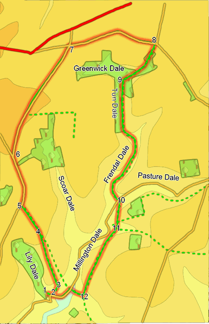 Map for walk in Millington Dale