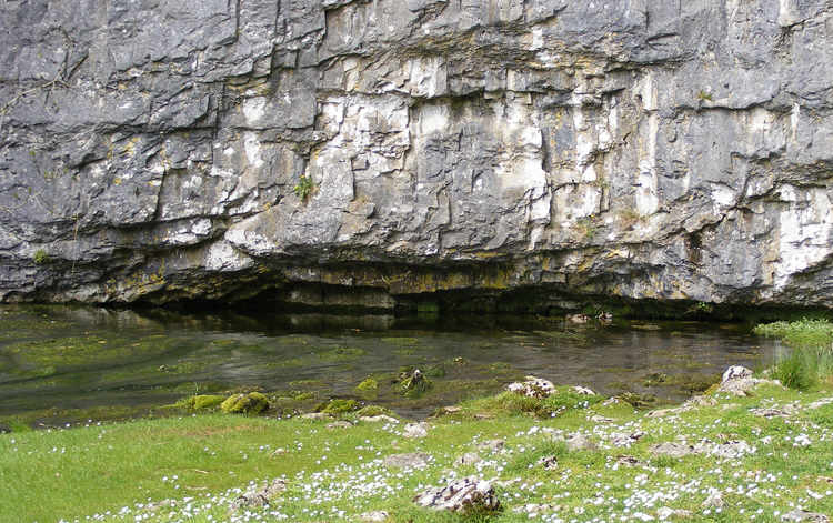 Malham Beck as it emerges at the base of Malham Cove