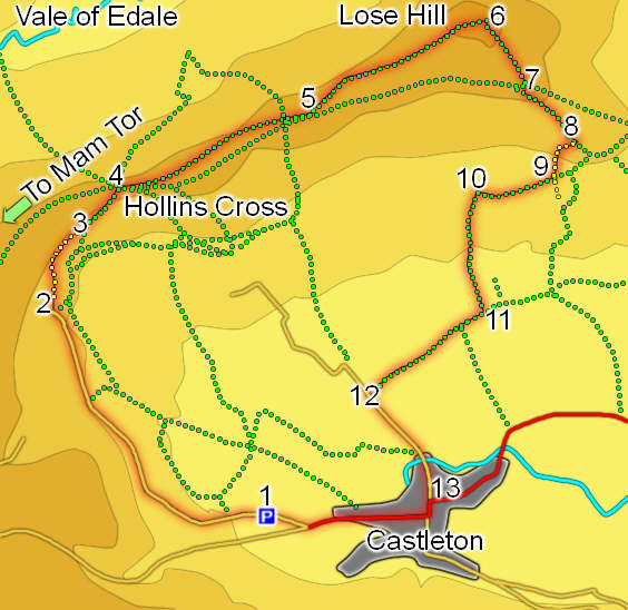 Map of walk north from Castleton