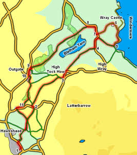 Map: Hawkshead to Wray Castle.
