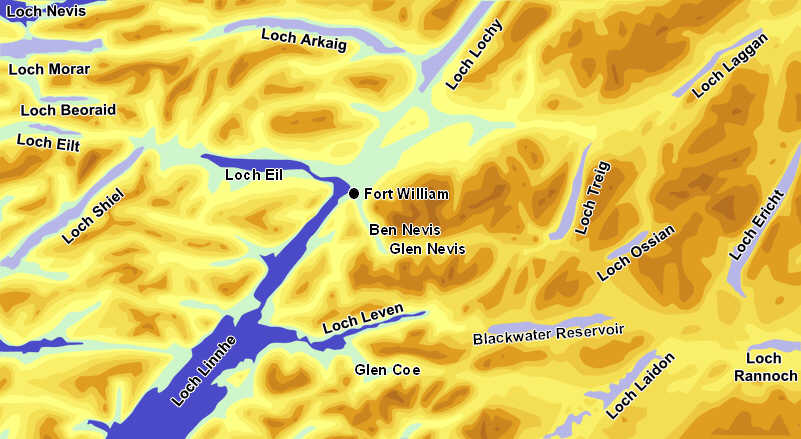 Contour map showing Fort William and surrounding area