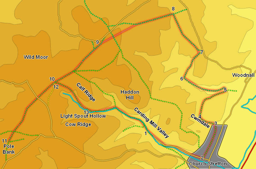 Map for walk at northern end of Long Mynd