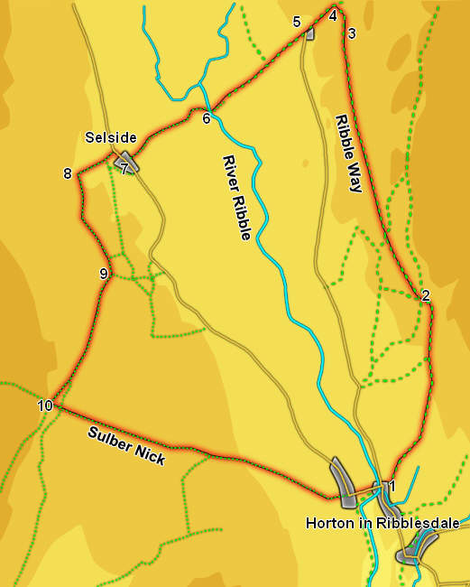 Map for walk in Ribblesdale from Horton