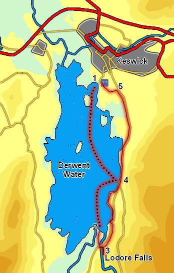 Map for walk on the eastern shore of Derwent Water