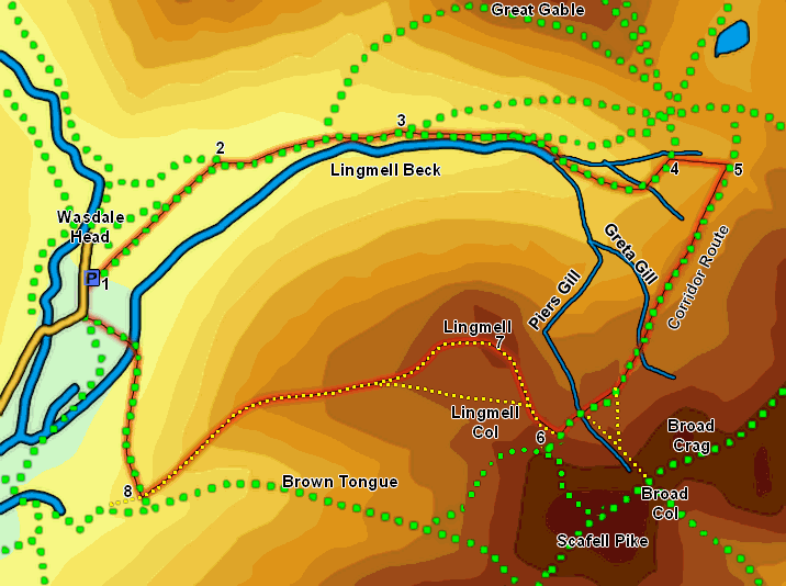Map: Lingmell via the Corridor Route